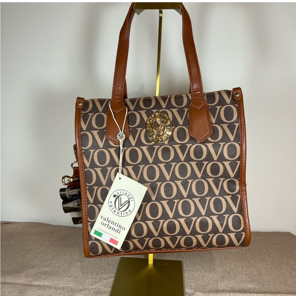 Valentino Orlandi Brown Monogram Satchel with Tan Trim